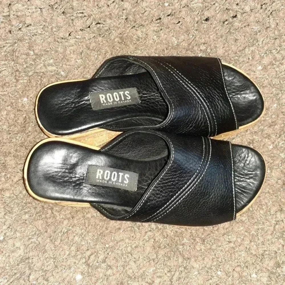 ROOTS Canada-Black Tribe Leather Slides